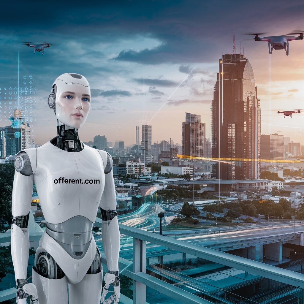 Robot humanoide de offerent.com frente a una ciudad con drones