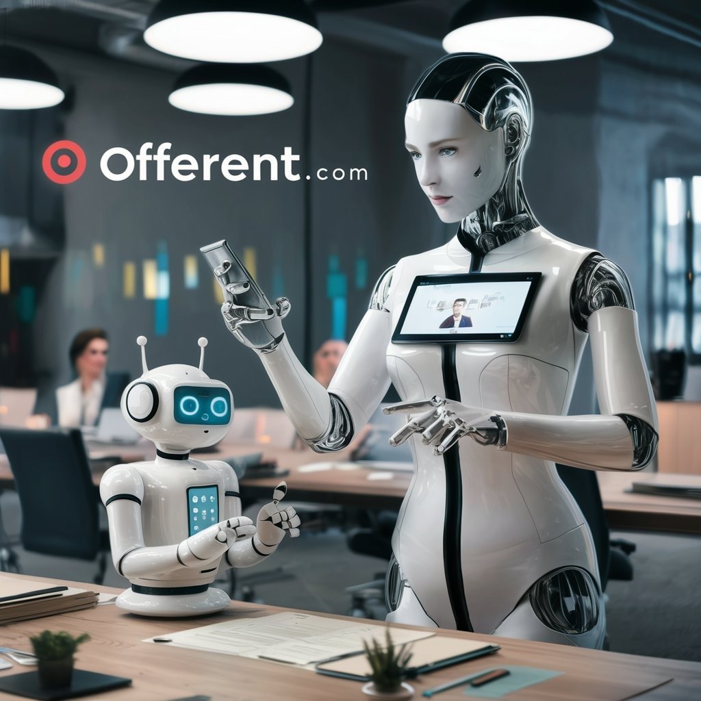 Robots asistentes con inteligencia artificial en una oficina de offerent.com